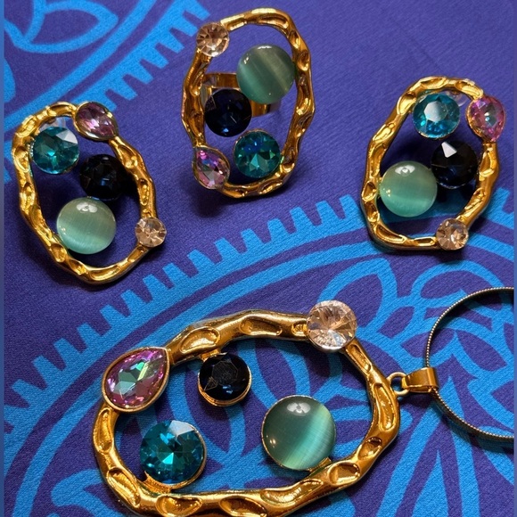 Gold & Colorful Gemstone Jewelry Set – Earrings, Ring & Necklace - Picture 8 of 8